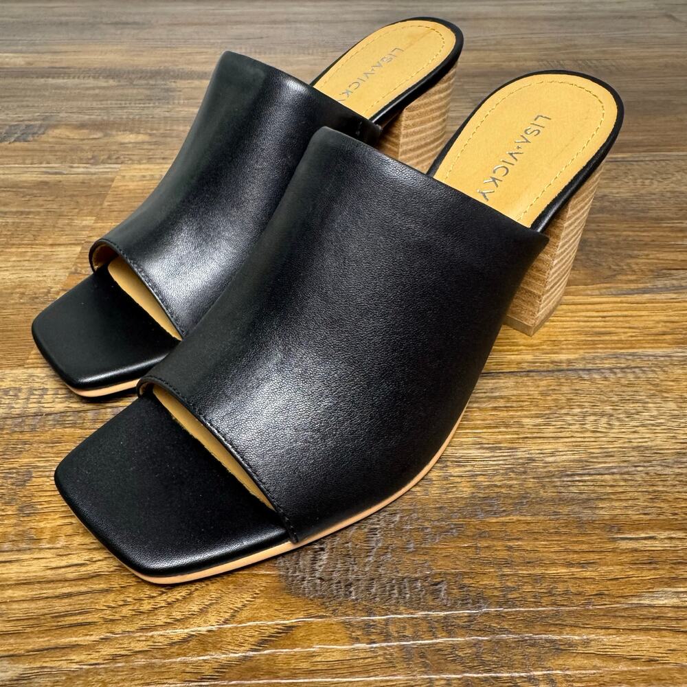 Lisa Vicky VIRTUE-V size 7.5 black sheep nappa stacked block heel slip on sandal - Picture 7 of 12